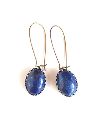 Pendientes, cabujón de lapislázuli, azul, bronce