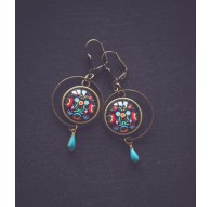 Orecchini, Giappone floreale, rosso e blu, bronzo, gioielli della donna