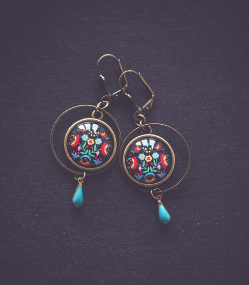 Boucles d'oreilles, Floral Japon, rouge et bleu, bronze, bijoux