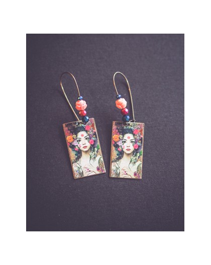 Boucles d'oreilles, Floral Japon, rouge et bleu, bronze, bijoux pour femme