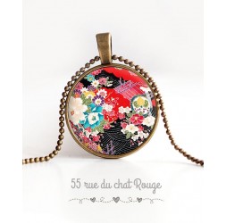 Halskette Cabochon-Anhänger Japanisches Motiv, Flora, rot und schwarz
