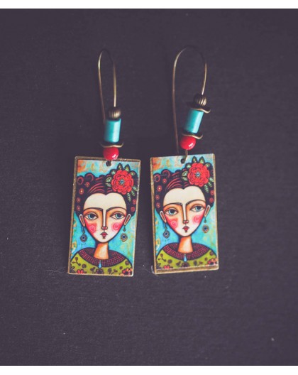 Earrings, Japan Floral, red and blue, bronze, woman's jewelry