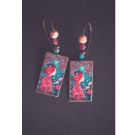 Pendientes, Japón floral, rojo y azul, bronce, joyería de la mujer
