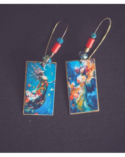 Boucles d'oreilles, La sirène Rousse, bleu et orange