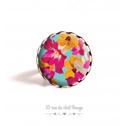 Ring Cabochon, Exotic flowers, colored, yellow turquoise fuchsia