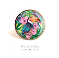 Bague cabochon, oiseau Toucan, hibiscus exotique, colorée