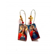 Boucles d'oreilles, la Vierge Marie, rouge et bleu, doré