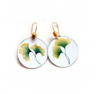 Boucles d'oreilles, Ginkgo Vert et Blanc, doré et bronze