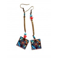 Boucles d'oreilles inspiration Hindou Mantra bleu rouge vert bronze