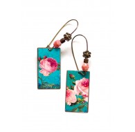 Boucles d'oreilles Shabby Chic Rose rose et turquoise, Bronze