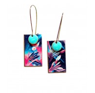 Boucles d'oreilles Fleurs exotiques illustration abstraite fushia bleu vert d'eau, bronze