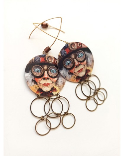 Earrings, cabochon epoxy resin, Skull and flowers, bronze, silver