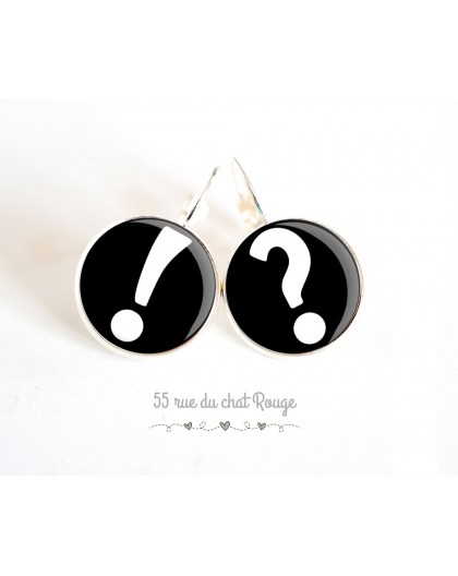 Earrings cabochon, Exclamation Point, black and white, silver