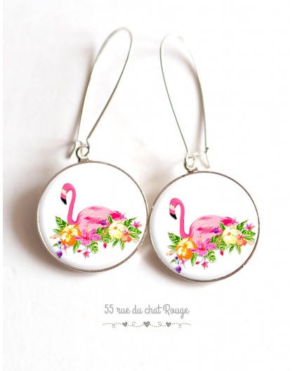 Earrings, Flamingo flower bed on cabochon epoxy
