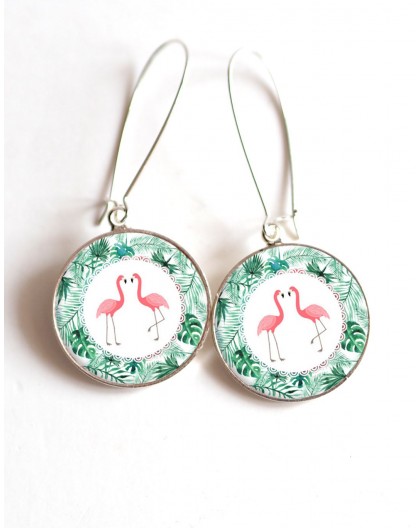 Earrings, Pink Flamingos Couple, exotic green leaves, cabochon epoxy