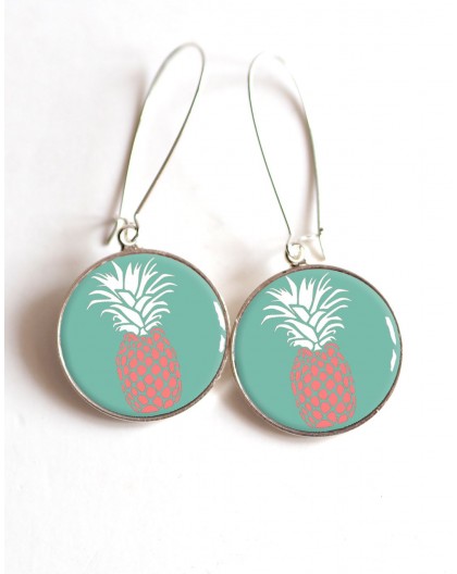 Earrings, Pineapple Rose on turquoise background, cabochon epoxy