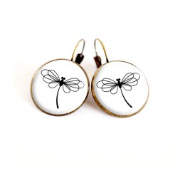cabochon earrings, black and white dragonfly, bronze