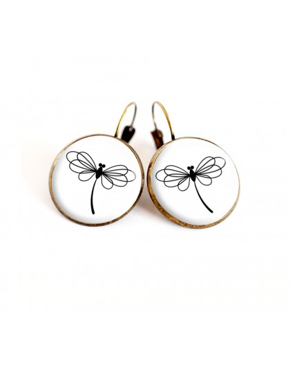 cabochon earrings, black and white dragonfly, bronze