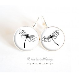 cabochon earrings, black and white dragonfly, silver