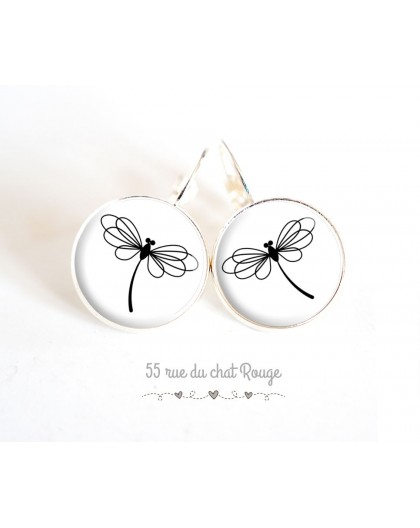 cabochon earrings, black and white dragonfly, silver