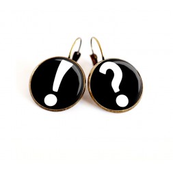 Boucles d'oreilles cabochon, Point d'exclamation, noir et blanc, bronze