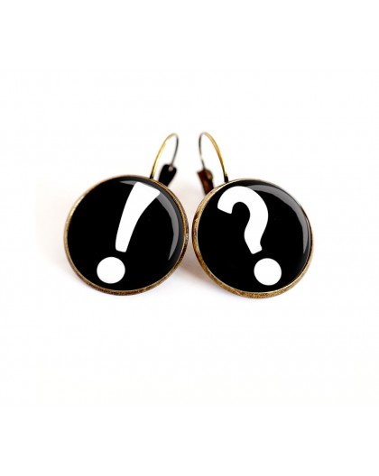 Boucles d'oreilles cabochon, Point d'exclamation, noir et blanc, bronze