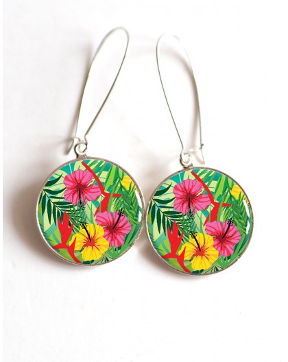 Earrings, Hibiscus, Tropical cabochon epoxy resin
