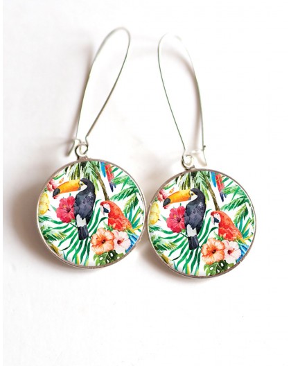 Earrings, birds, parrot and toucan cabochon epoxy resin