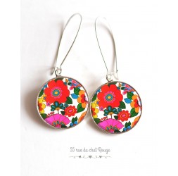 Earrings, Year 70, Kitch, supra colorful flowers cabochon epoxy resin