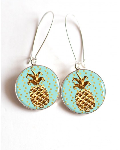Earrings, golden pineapple, pastel blue cabochon epoxy resin