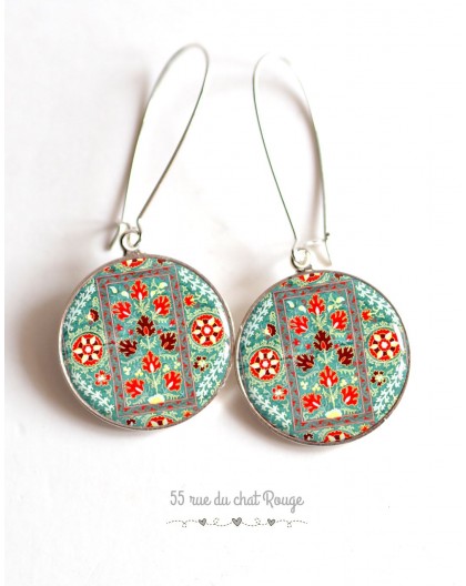 Earrings Pattern Hindu, red turquoise cabochon epoxy resin