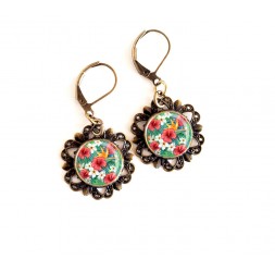 Earrings, hibiscus flower, exotic red and white flowers, bronze 12mm