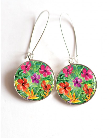 Earrings, Hibiscus flowers, exotic flowers, epoxy cabochon