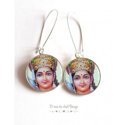 Earrings, Hindu God Vishnu, cabochon epoxy resin