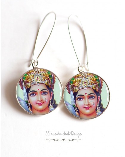 Earrings, Hindu God Vishnu, cabochon epoxy resin