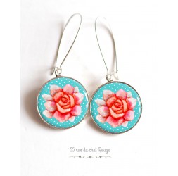 Earrings, Large flower pink, soft blue cabochon epoxy resin
