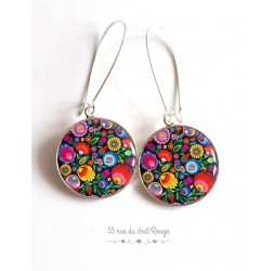 Earrings, Russian Folklore Pattern, multicolor floral cabochon epoxy resin