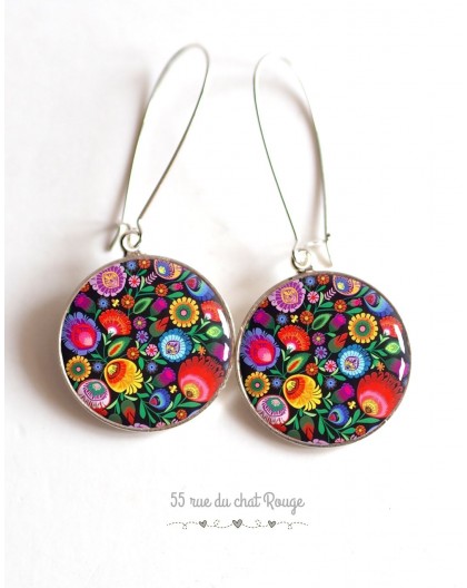 Earrings, Russian Folklore Pattern, multicolor floral cabochon epoxy resin