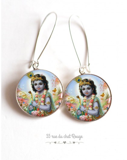 Earrings, Shiva, Hindu god, cabochon epoxy resin