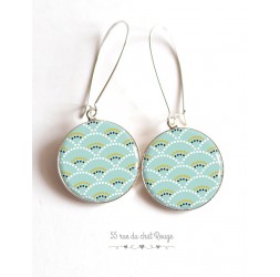 Earrings, Seigaiha soft blue and green, Japan, cabochon epoxy resin