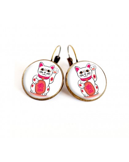 Ohrringe Cabochon Maneki Neko Katze Glücksbringer, wählen Sie Ihre Größe, Bronze