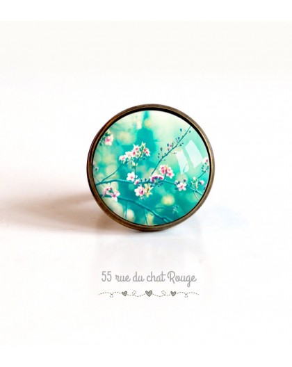 Cabochon ring, Japanese cherry, turquoise and pink, 20mm, bronze