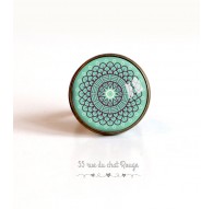 Bague cabochon, Esprit Marocain, rosace sur fond bleu pastel, 20 mm, bronze