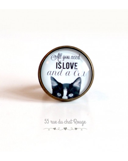 Bague cabochon, Chat, message "All you need is love", 20 mm, bronze
