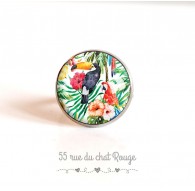 tapa del anillo, pájaros, tucán loro exótica vegetación, 18 mm, plata