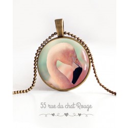 cabochon pendant necklace, Flamingo, pastel, bronze
