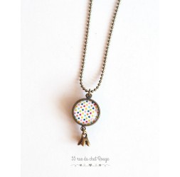 Long necklace, pendant dual cabochoh, multicolor small stars
