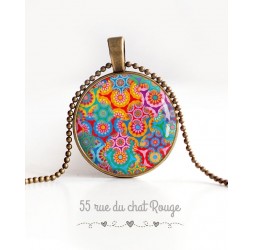 cabochon pendant necklace, Bohemian Spirit, multicolor floral, bronze