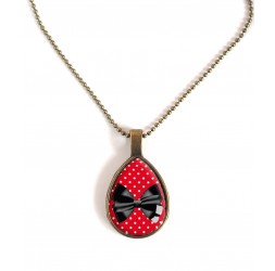 Collier pendentif goutte, Noeud papillon noir et rouge, bronze ou argenté