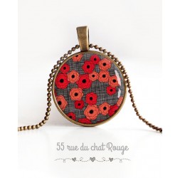 cabochon pendant necklace, Poppies red and gray, bronze